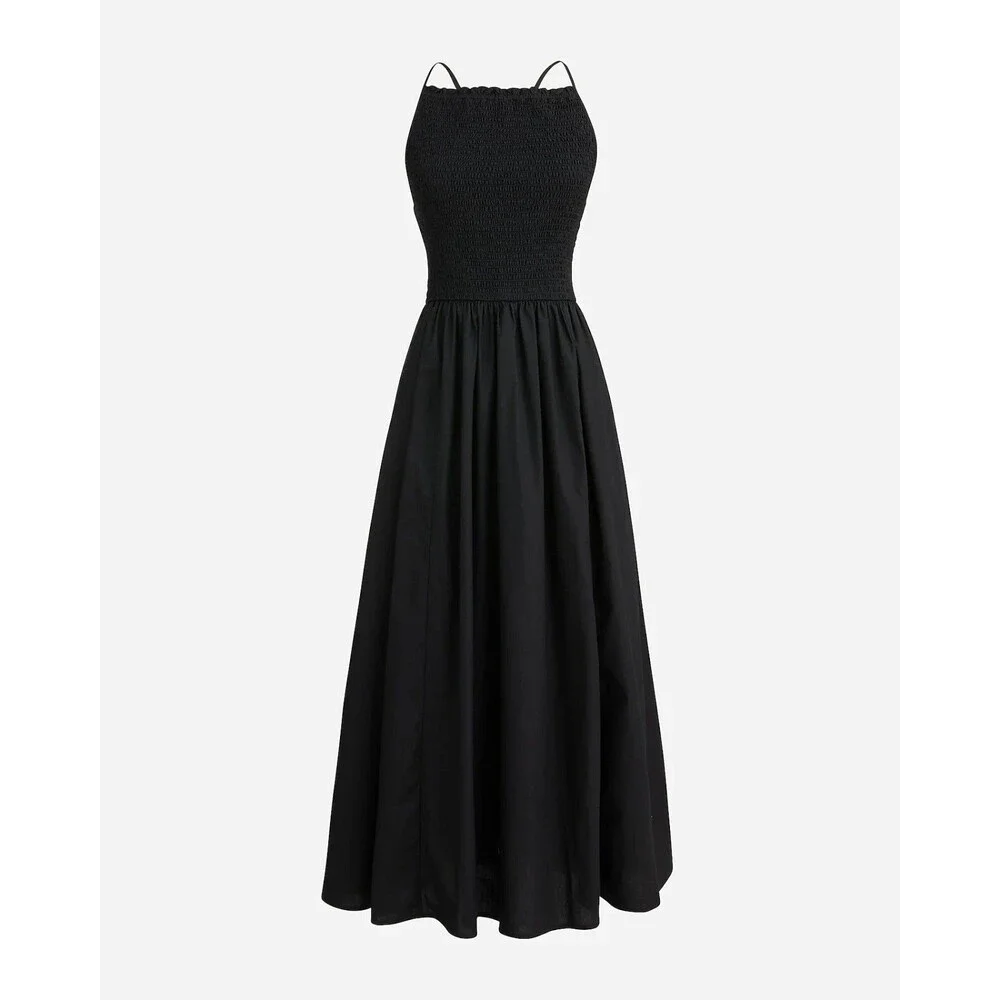 J. Crew Friday dress In Cotton Poplin Smocked Black Open Back Pockets Sz L